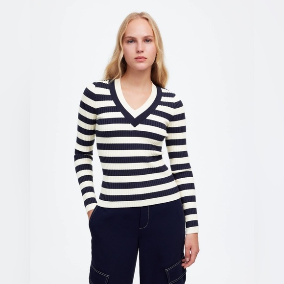 NEW Madewell V-Neck Sweater in Stripe, Navy & Ivory, Size Large - Picture 1 of 14